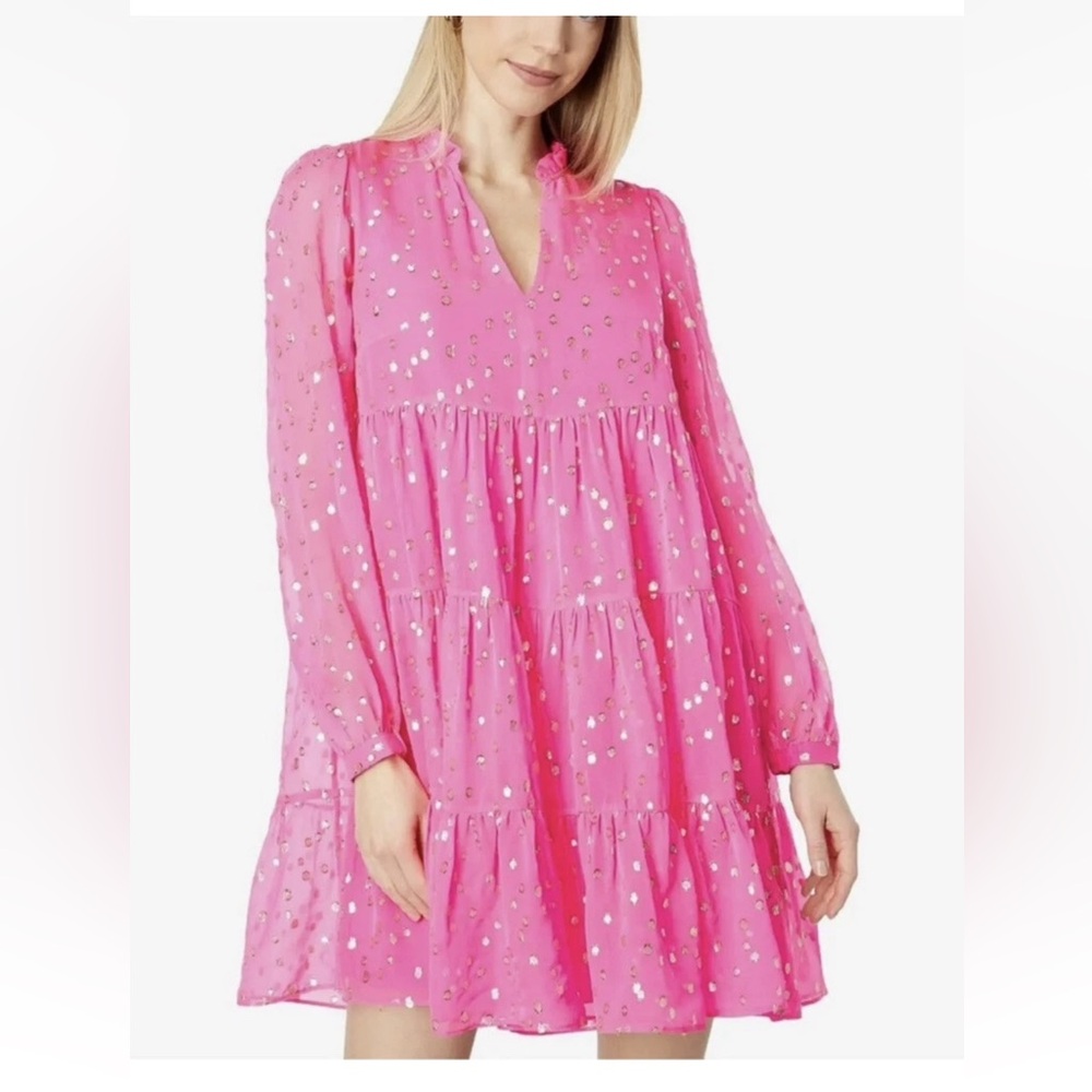 NWT Lilly Pulitzer Sarita Silk Swing Dress in Pink Topaz Gold Metallic Silk Clip